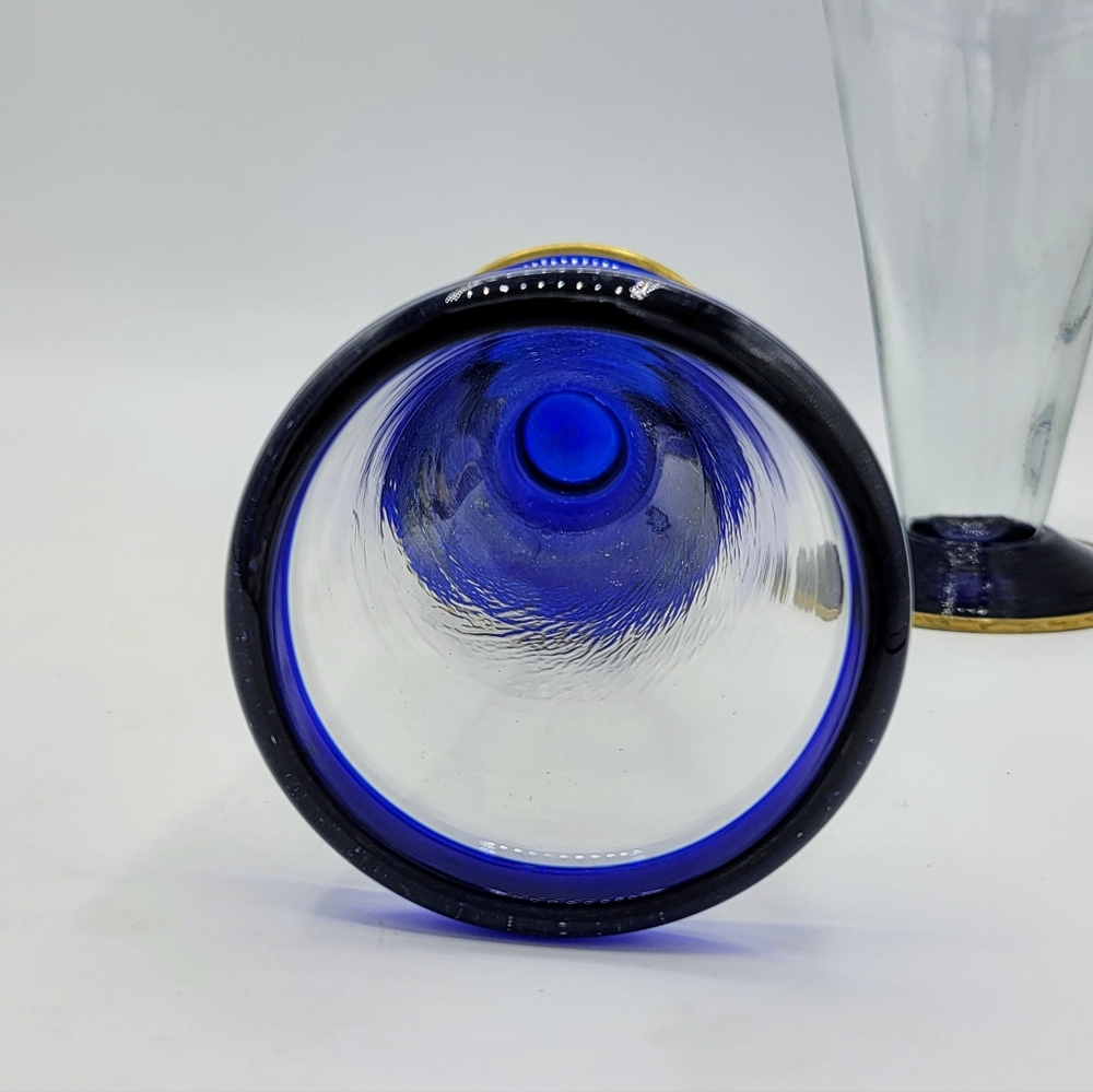 Hand Blown Mexican Pilsner Glasses Set of 2 Blue Rim Bubble Beer Rustic Barware - Picture 11 of 11